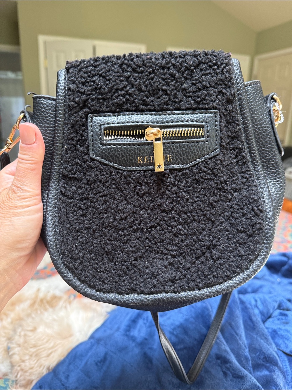 Kedzie Black Faux-Shearling Crossbody With Gold Zipper Detail